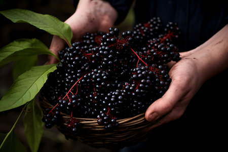 Fresh Elderberry. Hand holding Elderberry fruitsの素材