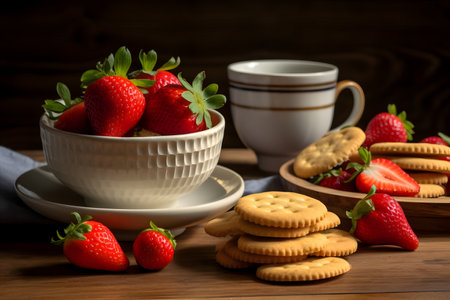 Strawberries in a bowl with biscuits and cup of teaの素材