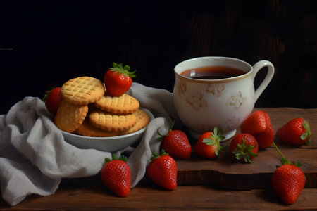 Strawberries in a bowl with biscuits and cup of teaの素材