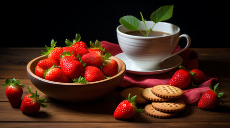Strawberries in bowl with tea and biscuitsの素材