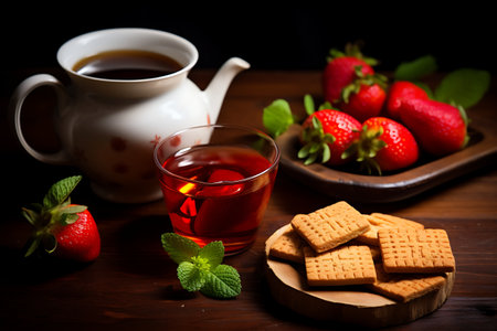 Strawberries in a bowl with cookies and cup of teaの素材