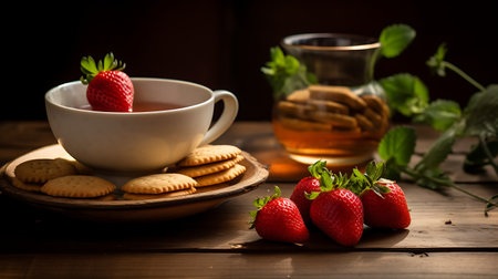 Strawberries in a bowl with cookies and cup of teaの素材