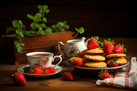 Strawberries in a bowl with cookies and cup of teaの素材
