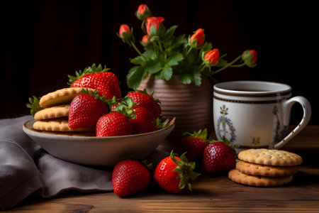 Strawberries in a bowl with biscuits and cup of teaの素材