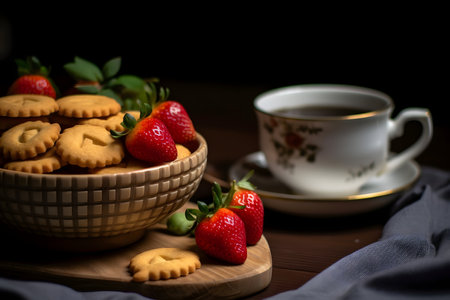 Strawberries in a bowl with biscuits and cup of teaの素材