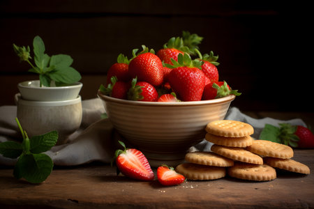 Strawberries in a bowl with biscuits and cup of teaの素材