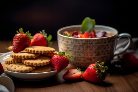 Strawberries in a bowl with biscuits and cup of teaの素材