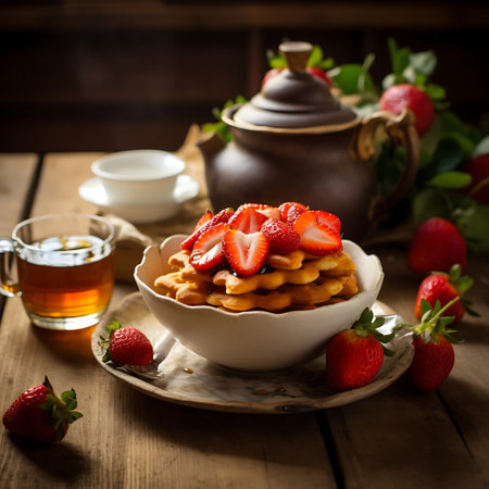 Strawberries in bowl with tea and biscuitsの素材