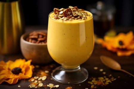 Pumpkin smoothie with granola and pecans on wooden backgroundの素材
