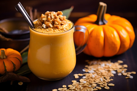 Pumpkin smoothie with granola and pecans on wooden backgroundの素材