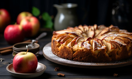 Apple cake in plate on grey wooden tableの素材