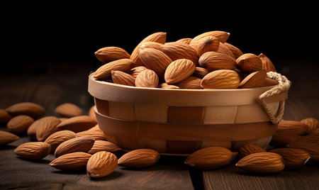Almond nuts in wooden bowl on wooden background. Selective focus.の素材