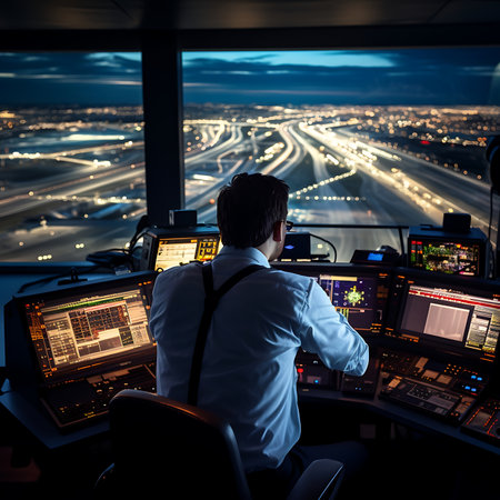 Operator in the control room of the airplane at sunset. View from the window.の素材