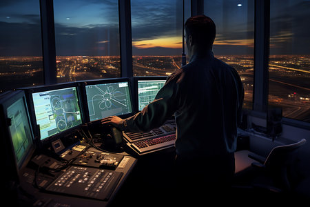 Operator in the control room of the airplane at sunset. View from the window.の素材