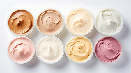 Different types of cosmetic cream in plastic containers on white background, top viewの素材