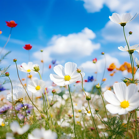 Colorful cosmos flowers with blue sky backgroundの素材