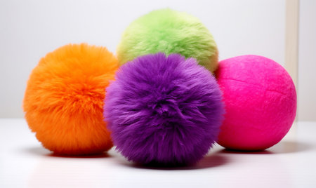 Colorful fur balls on a white background.の素材