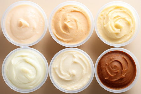 Different types of cosmetic cream in plastic containers on white background, top viewの素材
