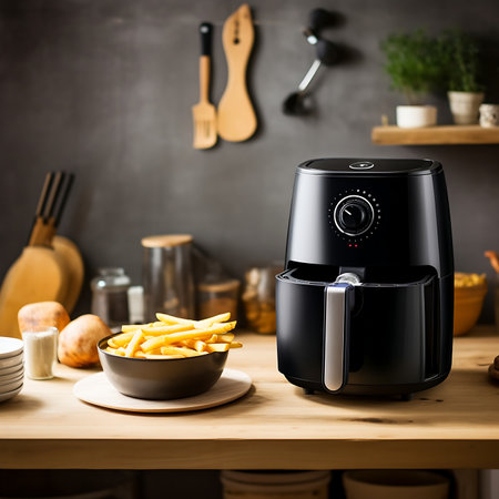 Black air fryer or oil free fryer appliance on the wooden tableの素材