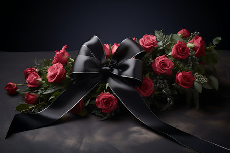 Black ribbon and red carnations on black background.の素材