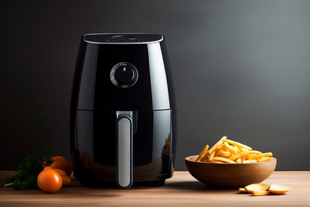 Modern electric coffee machine and french fries on wooden table in kitchen.の素材