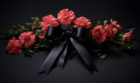 Black ribbon and red carnations on black background.の素材