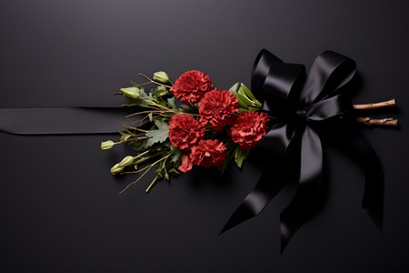 Black funeral ribbon with dark background and carnation embellishmentsの素材