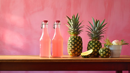 Bottles of tasty pineapple smoothie on wooden table against color backgroundの素材
