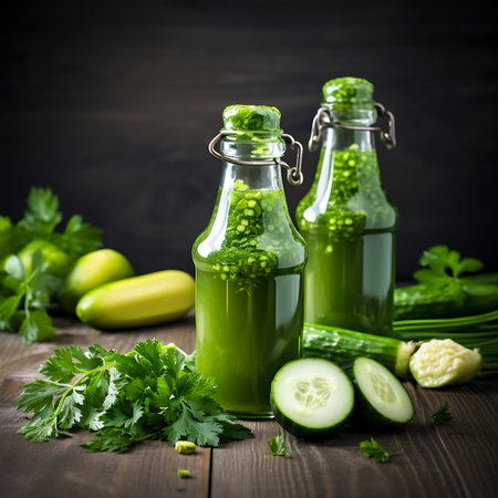 Cucumber juice in glass bottle with ingredients on dark wooden backgroundの素材