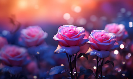 Beautiful pink roses with bokeh effect on dark blue backgroundの素材