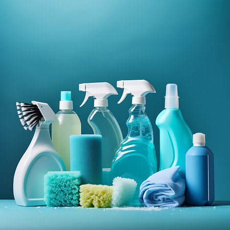 Cleaning products on a blue background. 3d rendering image.の素材