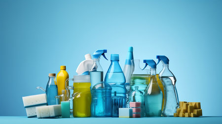 Bottles with detergent and cleaning tools on blueの素材