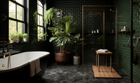 Bathroom interior with large window and green plants, 3d renderの素材