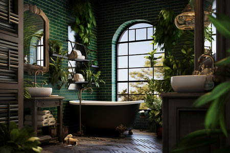 Bathroom interior design with bathtub and plants.の素材