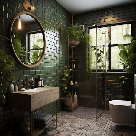Bathroom interior design with bathtub and plants.の素材