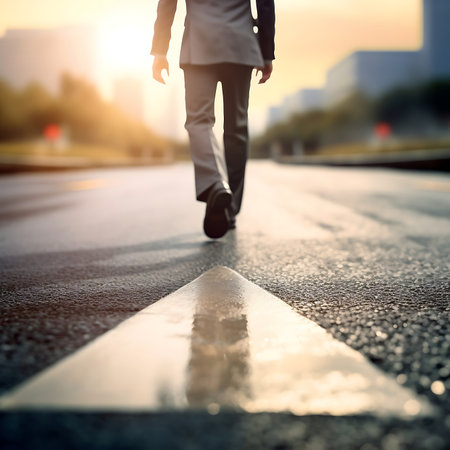Businessman walking on the road at sunset.の素材