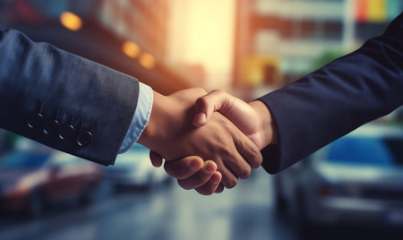 Close up of business people shaking hands against blurry image of cityscapeの素材