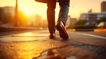 Businessman walking on the road at sunset.の素材