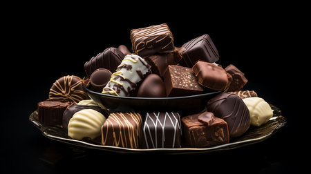 Chocolates on plate on black backgroundの素材