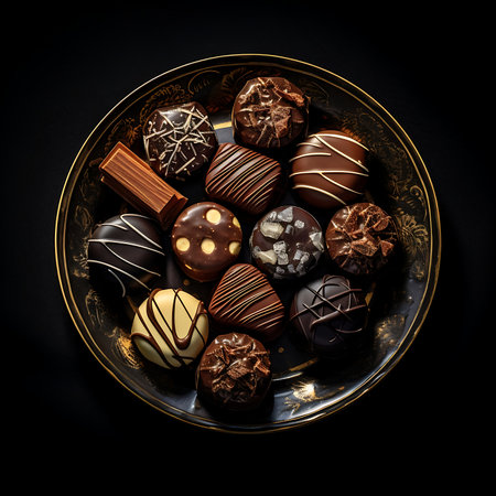 Assorted chocolates in a plate on a black background.の素材