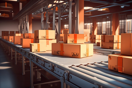 Cardboard boxes on conveyor belt in warehouse.の素材