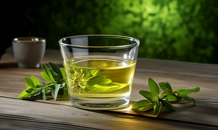 Herbal tea with rosemary in a glass cup on wooden backgroundの素材