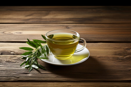 Cup with green tea on grey wooden backgroundの素材