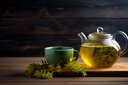 Cup with green tea and teapot on grey wooden backgroundの素材