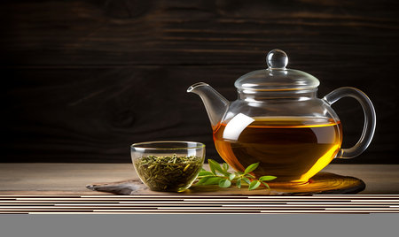 Green tea leaves in a bowl and teapot on wooden backgroundの素材