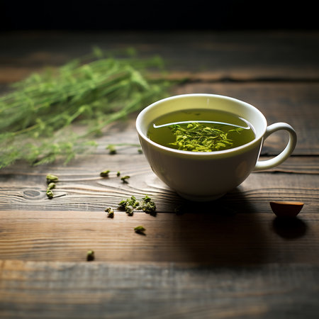 Green tea in a glass cup on a wooden background. Selective focus.の素材