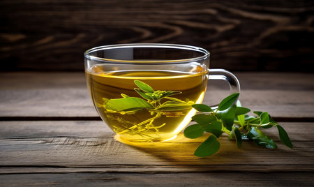 Green tea in a glass cup on a wooden background. Selective focus.の素材