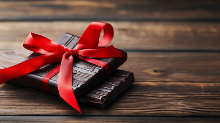 Dark chocolate bar tied with red ribbon on dark wooden background,の素材
