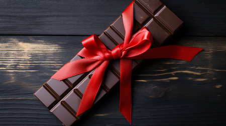Dark chocolate bar with red bow.の素材