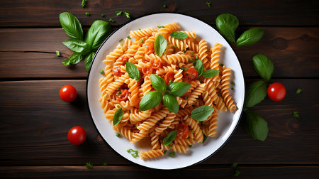 Spaghetti with pesto sauce and fresh basil on a dark wooden background.の素材